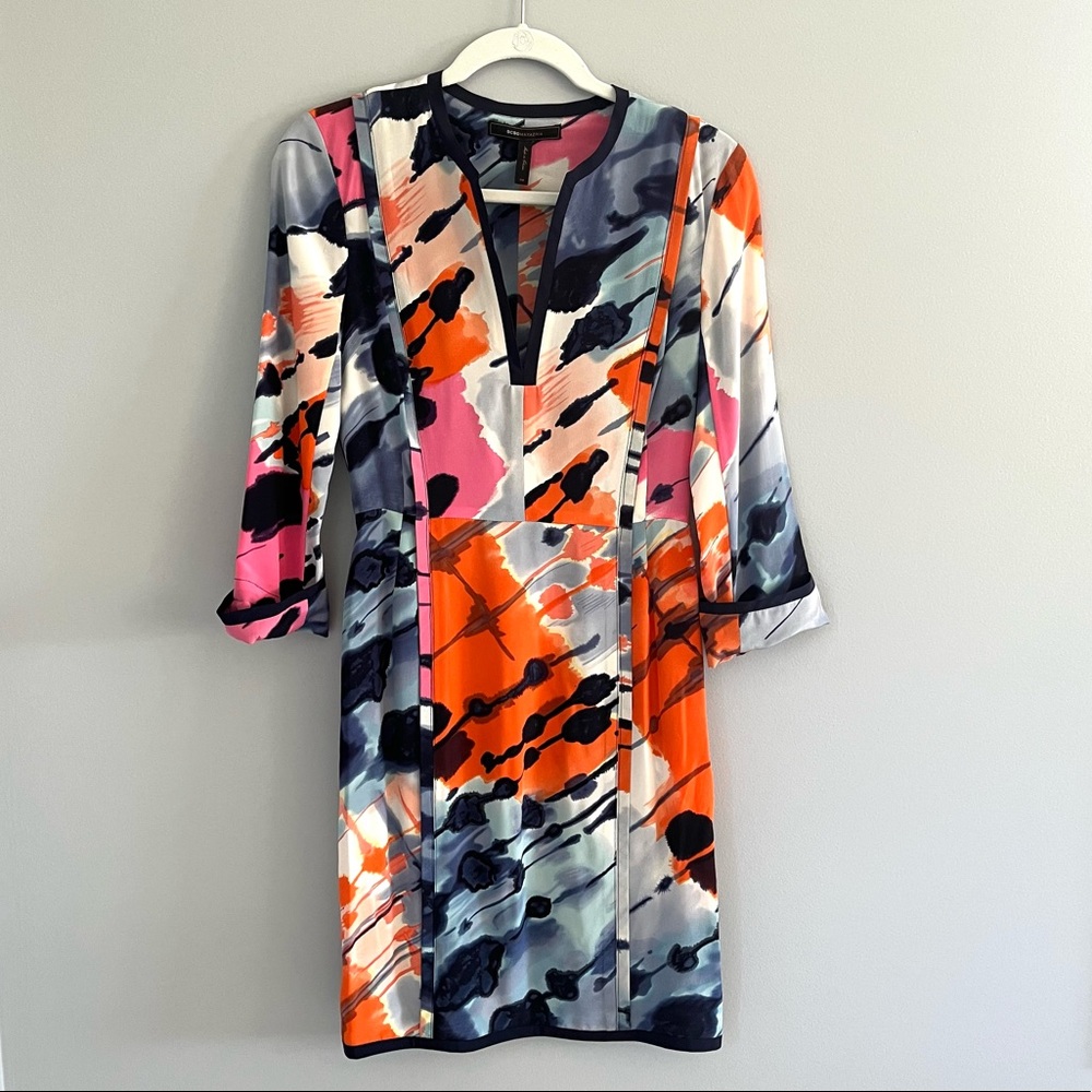 BCBGMaxazria 100% Silk Watercolor 3/4 Sleeve Dress